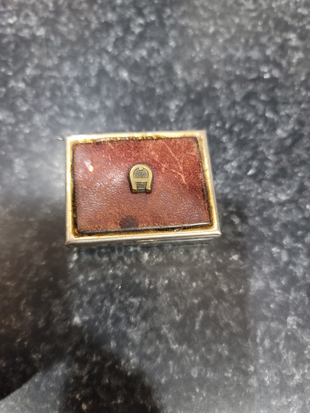 Vintage Etienne Aigner brass and leather pill Box